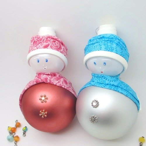 Duo Boules De Noël Pour Enfant Lot De 2 Bonhommes De Neige Fille Garçon Bleu Argent Et Rose Corail Idée Cadeau Enfant Bébé Noël Ou Naissance