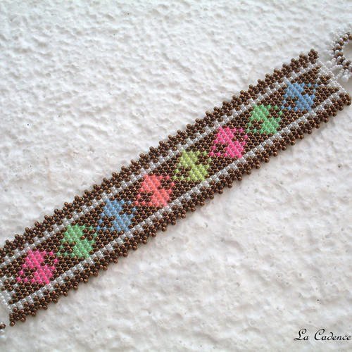 Bracelet manchette ethnique en perles de rocailles bronze, multicolore tissé main