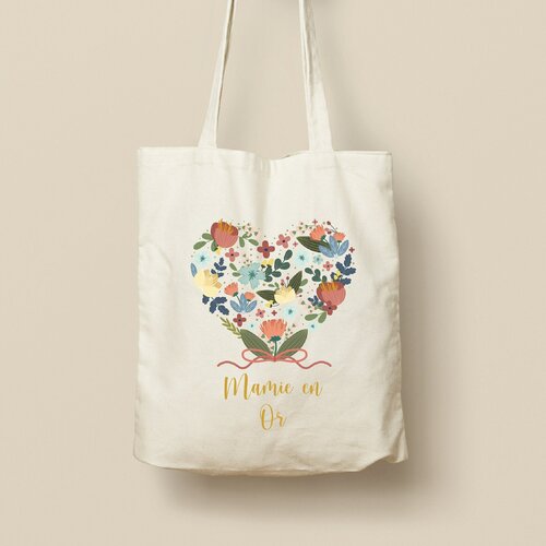 Tote bag personnalisé, modèle coeur en fleurs vintage
