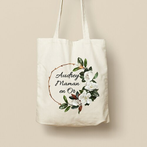 Tote bag personnalisé, couronne de fleurs, modèle magnolia