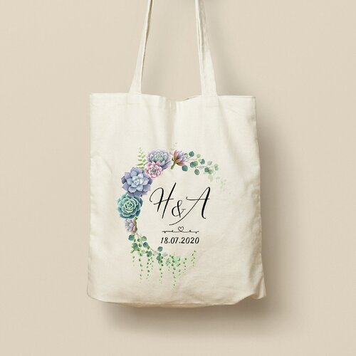 Tote bag personnalisé, couronne de fleurs, modèle cascade de succulentes