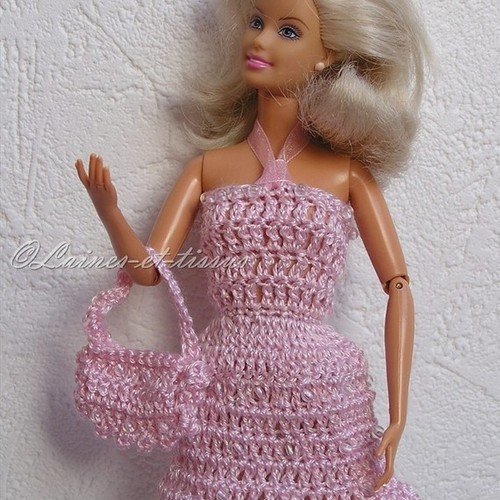 Vêtement pour poupée barbie, robe rose avec perles 