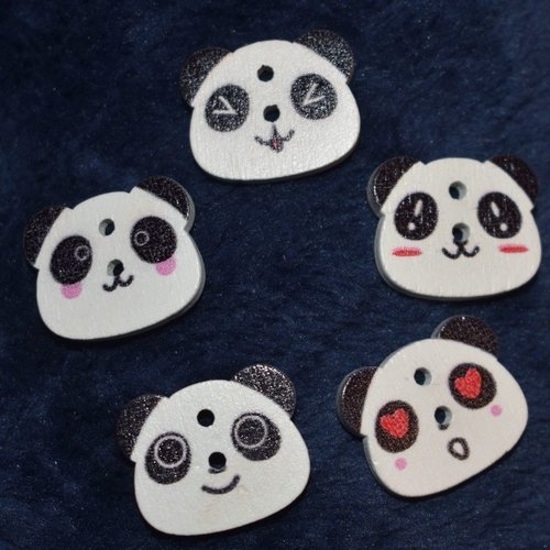 5 boutons bois panda couture mercerie scrapbooking