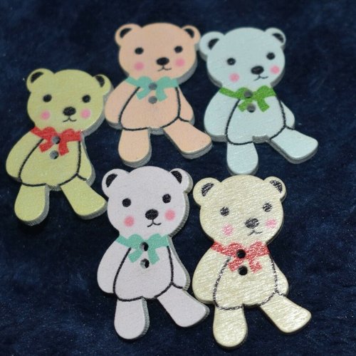 6 boutons bois ourson couture mercerie scrapbooking