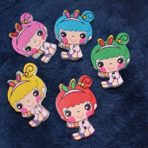 6 boutons bois fille couture mercerie scrapbooking