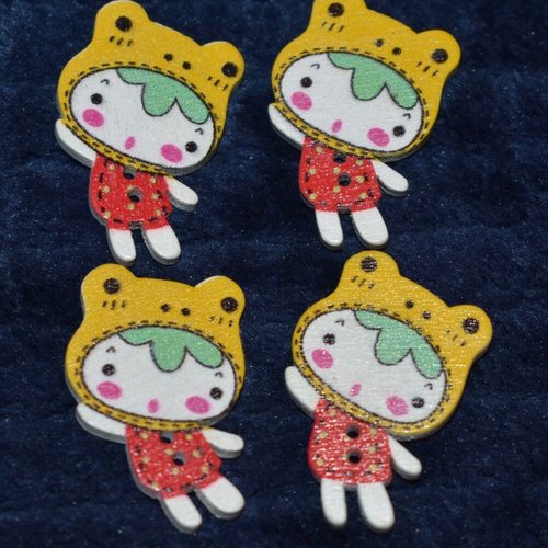 4 boutons bois fille couture mercerie scrapbooking