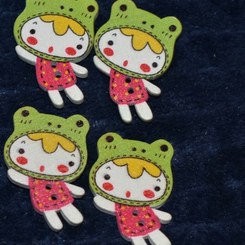 4 boutons bois fille couture mercerie scrapbooking
