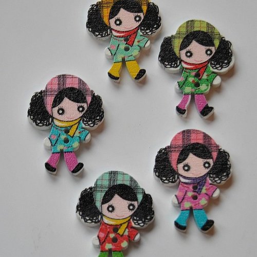 5 boutons bois fille couture mercerie scrapbooking