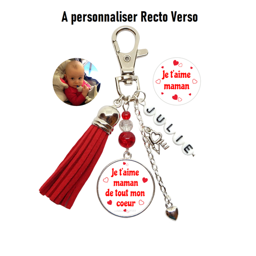 Votre prénom, votre photo, porte clés personnalisé "je t'aime maman" ou "je t'aime maman de tout mon coeur"