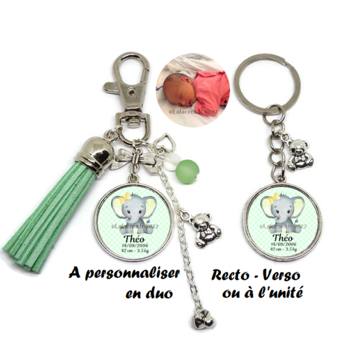 Porte clés personnalisé naissance recto-verso, en duo ou à l'unité