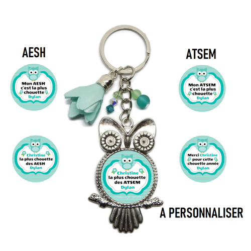 Votre prénom - porte clés atsem - aesh personnalisé, "mon atsem/aesh c'est la plus chouette" modèles au choix