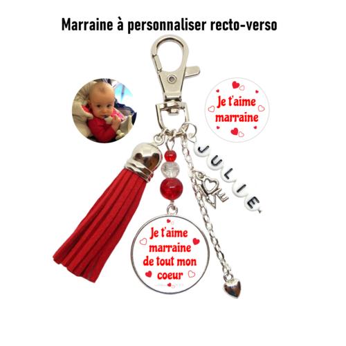 Votre prénom, votre photo, porte clés personnalisé "je t'aime marraine" ou "je t'aime marraine de tout mon coeur"
