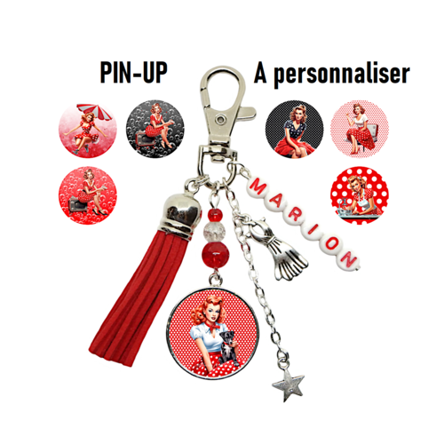 Votre prénom - porte clés pin up personnalisé, cabochon pin up, porte clé pin up rouge vintage