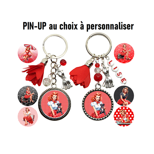 Votre prénom - porte clés pin up personnalisé, cabochon pin up rouge, porte clé pin up vintage