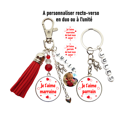 Votre prénom, votre photo, porte clés personnalisé "je t'aime marraine", "je t'aime parrain", porte clés recto verso