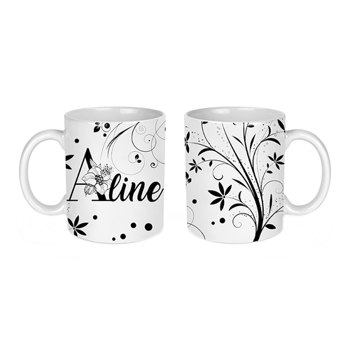 Mug céramique alphabet fleuri à personnaliser au prénom de votre choix, intérieur et bord en couleur noir ou blanc