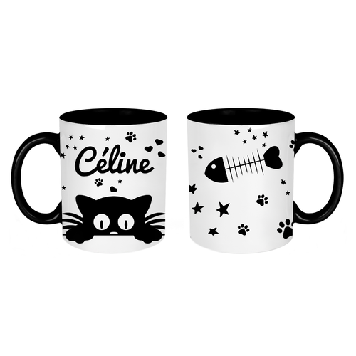 Mug chat personnalisé céramique à personnaliser au prénom de votre choix, intérieur et bord en couleur noir ou blanc
