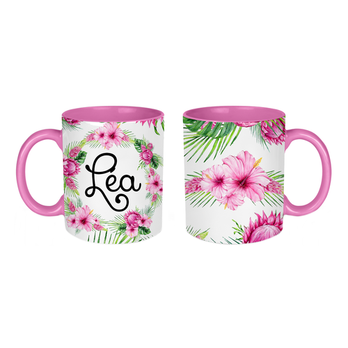 Mug céramique hibiscus rose à personnaliser au prénom de votre choix, intérieur et bord en couleur rose ou blanc