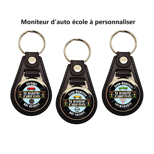 Porte clés moniteur d'auto école personnalisé, en simili cuir noir et cabochon en verre de 25 mm