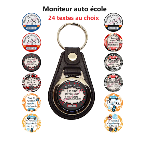 Porte clés moniteur auto école en simili cuir noir, cabochon en verre 25 mm, 24 textes au choix