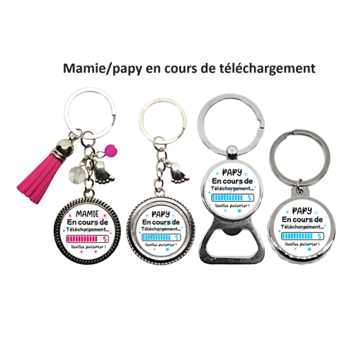 Duo porte clés future mamie, futur papy, "papy/mamie en cours de téléchargement veuillez patienter", annonce grossesse