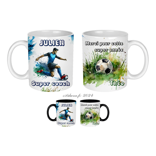 Mug céramique super coach de foot à personnaliser, merci pour cette année fond blanc ou fond noir