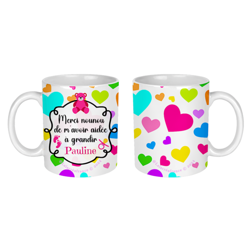 Mug personnalisé nounou "merci nounou de m'avoir aidée à grandir", cadeau nounou, fond blanc ou fond rose