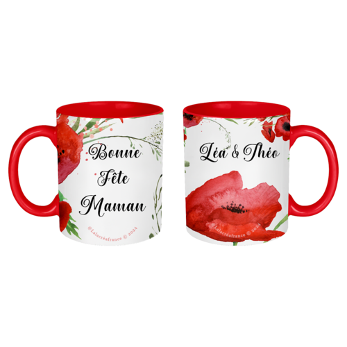 Mug maman personnalisé, bonne fête maman, thème coquelicot, en céramique, intérieur et bord en couleur rouge ou blanc