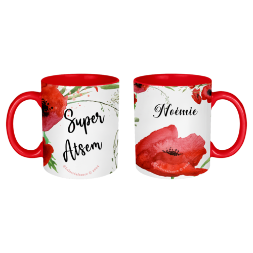 Mug atsem personnalisé, super atsem, thème coquelicot, en céramique, intérieur et bord en couleur rouge ou blanc