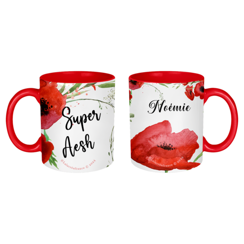 Mug aesh personnalisé, super aesh, thème coquelicot, en céramique, intérieur et bord en couleur rouge ou blanc