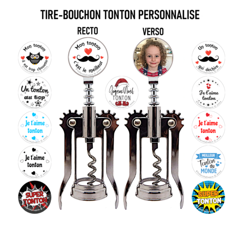 Tire-bouchon tonton, ouvre bouteille personnalisé recto verso, cadeau tonton modèle au choix