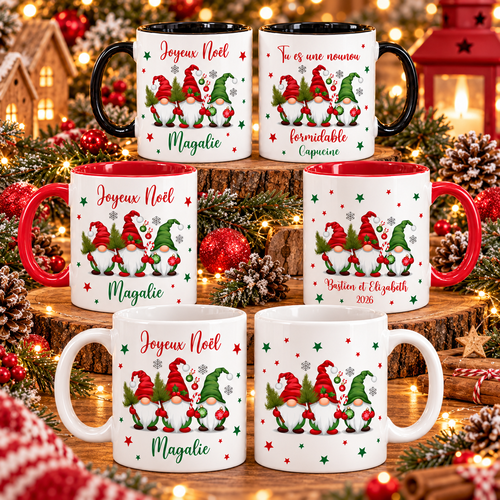 Mug de noël personnalisé prénom – gnomes de noël – recto verso – 3 coloris au choix