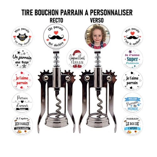 Tire-bouchon parrain personnalisé, ouvre bouteille recto verso, cadeau fête des pères, modèle au choix
