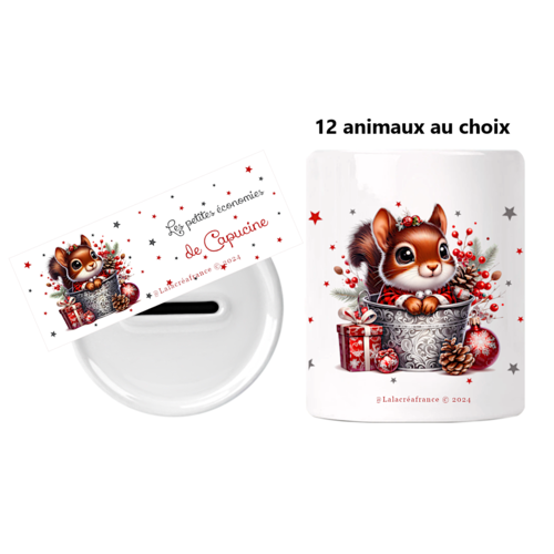 Tirelire enfant personnalisée thème animaux de noël, 12 images au choix, cadeau noël enfant personnalisé
