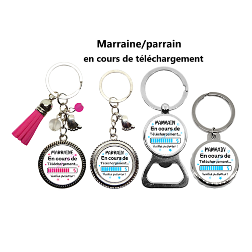 Duo porte clés future marraine, futur parrain, "parrain/marraine en cours de téléchargement veuillez patienter", annonce grossesse