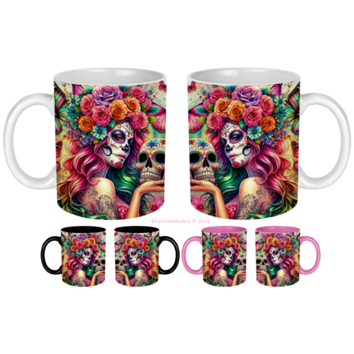 Mug femme gothique, tête de mort fleurie, sugar skull, tasse crâne en sucre, mug dia de los muertos
