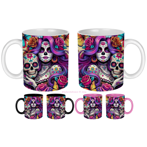 Mug femme gothique, tête de mort fleurie, mug dia de los muertos, sugar skull