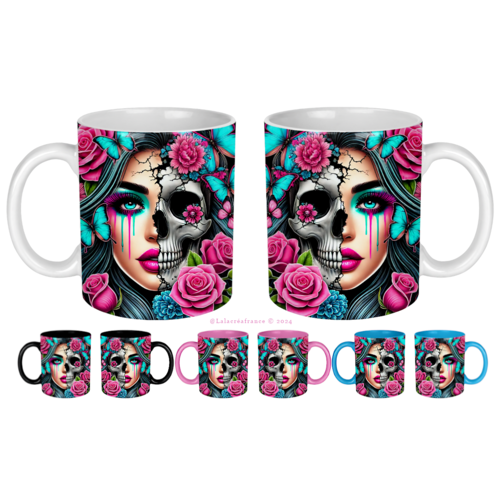 Mug femme gothique, tête de mort fleurie, mug dia de los muertos, sugar skull