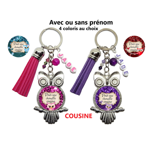 Porte clés personnalisé cousine, "pour une chouette cousine"