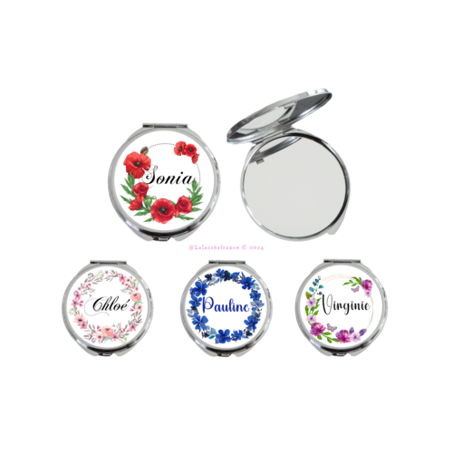 Miroir de poche en métal personnalisable au prénom ou texte de votre choix, cadeau mariage, evjf, couronne de fleur