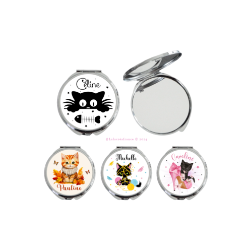 Miroir de poche chat en métal personnalisable au prénom e votre choix, cadeau noël, anniversaire