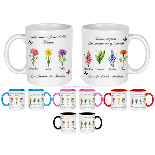 Mug mamie personnalisé avec les fleurs de naissance, cadeau fête des mamies ou fêtes des mamans, mug maman devenue mamie