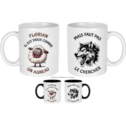 Mug humoristique personnalisé, il est doux comme un agneau mais faut pas le chercher