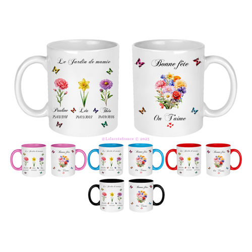 Mug mamie personnalisé avec les fleurs de naissance, cadeau fête des grands-mères, bonne fête mamie