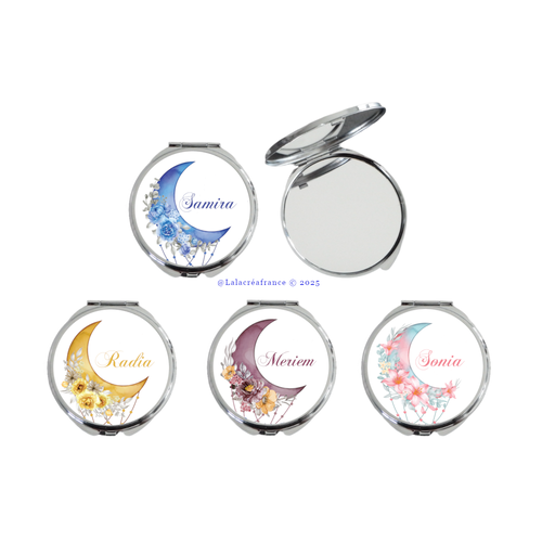 Miroir de poche lune fleurit personnalisable au prénom e votre choix, miroir pour eid mubarak