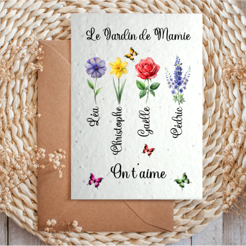 Carte à planter personnalisée, le jardin de mamie, papy, avec fleurs du mois de naissance