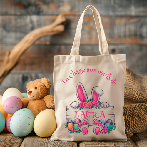 Sac de pâques personnalisé, tote bag lapin de pâques personnalisé, sac enfant