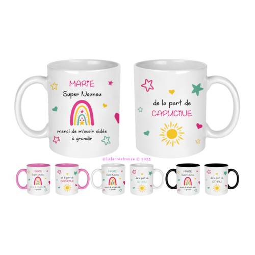 Mug nounou personnalisé, auxiliaire de crèche, merci de m'avoir aidé(e) à grandir, maîtresse, atsem, aesh