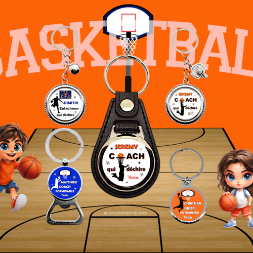 Porte-clés entraîneur de basket personnalisé – cadeau coach de basket – idée cadeau fin d’année équipe – merci coach