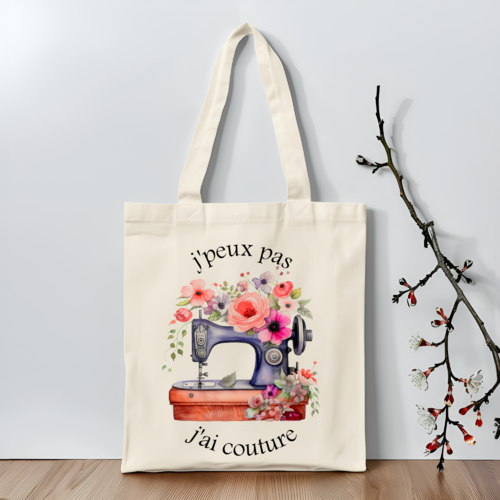 Sac j'peux pas j'ai couture, tote bag couturière, sac fourre-tout pour les passionnées de couture